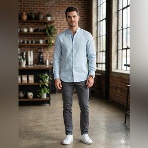 Linen 100% Marks & Spencer Light Blue Casual Button-Down Shirt Large